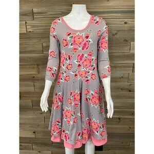 Matilda Jane Marzipan Gray Rose Dress Small Pink Floral A-Line 3/4 Sleeve Ruffle